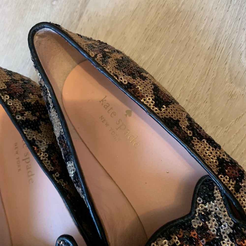 Kate Spade New York Leopard Sequin Cat Ear Loafers Flats Brown Gold 7M - Picture 3 of 6